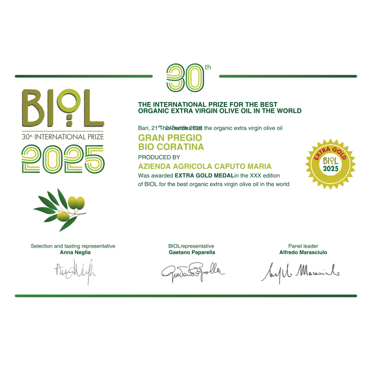 Certyfikat BIOL 2025 dla oliwy Gran Pregio Coratina