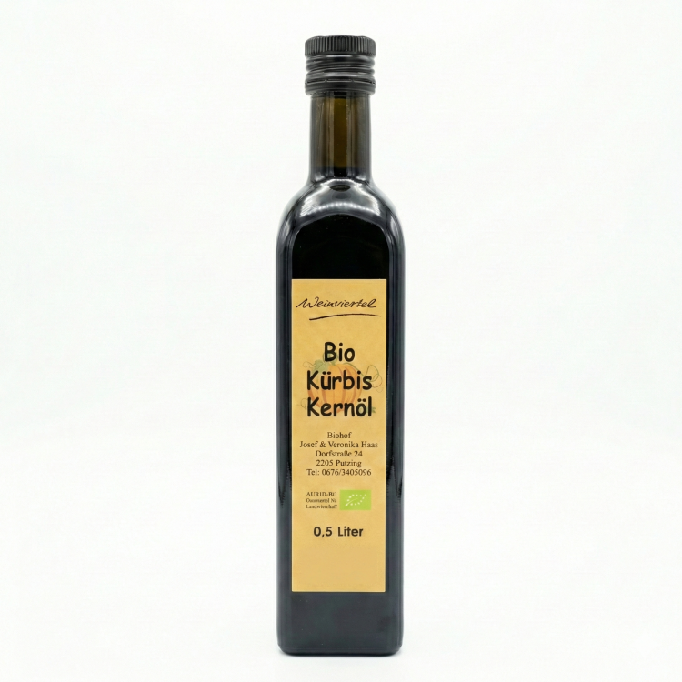 Butelka 500ml oleju z pestek dyni BIO Joseph Hass Austria ciemne szkło