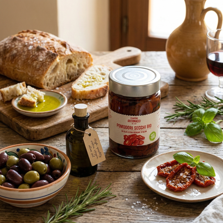Włoska bruschetta i antipasti z suszonymi pomidorami ekologicznymi Antonacci