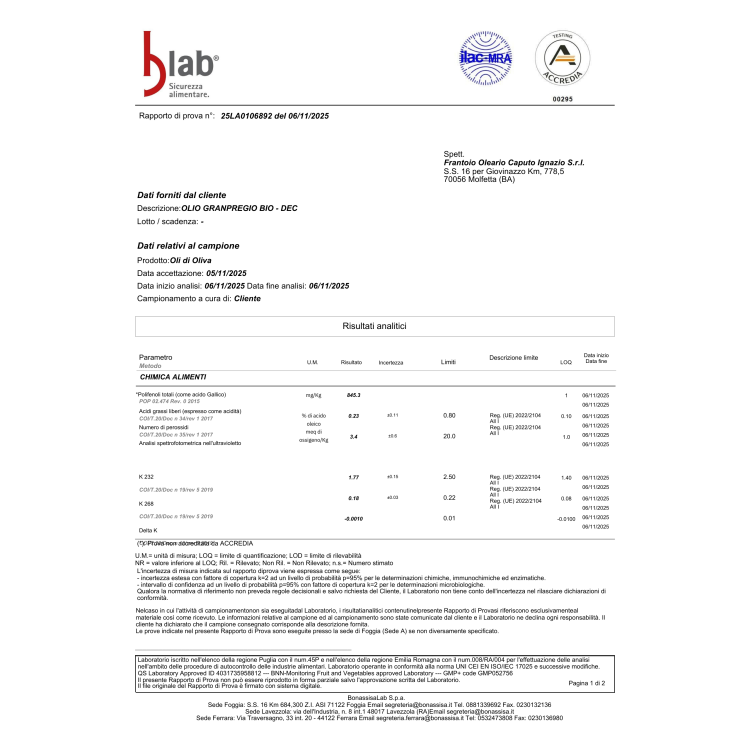 Medyczna oliwa wysokopolifenolowa 800mg z Apulii Gran Pregio 0,5L