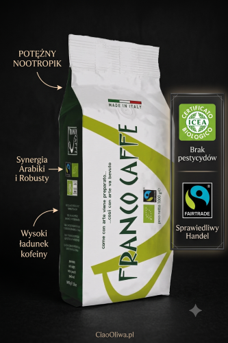 Infografika edukacyjna CiaoOliwa: Kawa ziarnista Franco Caffè Aroma Naturale BIO. Potężny nootropik łączący Arabikę i Robustę, certyfikaty rolnictwa ekologicznego ICEA BIO i Fairtrade, wsparcie postu przerywanego