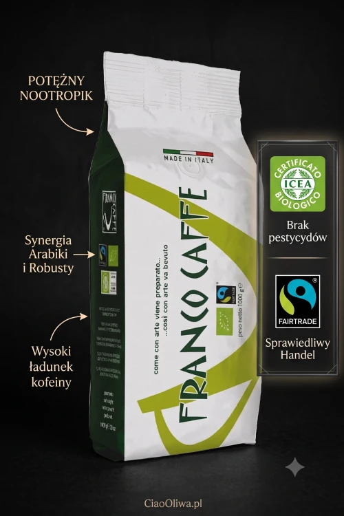 Infografika edukacyjna CiaoOliwa: Kawa ziarnista Franco Caffè Aroma Naturale BIO. Potężny nootropik łączący Arabikę i Robustę, certyfikaty rolnictwa ekologicznego ICEA BIO i Fairtrade, wsparcie postu przerywanego