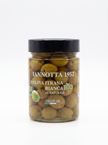 Ekologiczne oliwki Itrana Bianca BIO w słoiku 320g, produkcja rzemieślnicza Lucia Iannotta, naturalna zalewa z wody i soli
