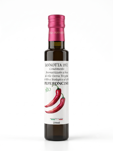 Ekologiczna oliwa z oliwek z organiczną papryczką chili 250 ml. Produkt certyfikowany BIO od Lucii Iannotta.