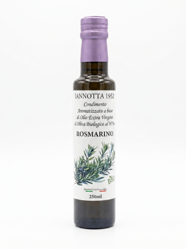 Ekologiczna oliwa z oliwek z organicznym rozmarynem 250 ml. Produkt certyfikowany BIO od Lucii Iannotta, bez syntetycznych aromatów.