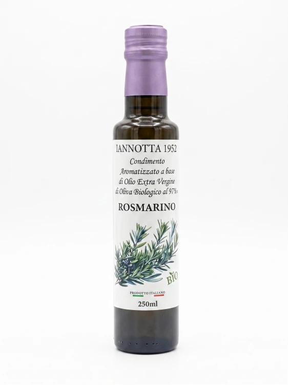 Ekologiczna oliwa z oliwek z organicznym rozmarynem 250 ml. Produkt certyfikowany BIO od Lucii Iannotta, bez syntetycznych aromatów.