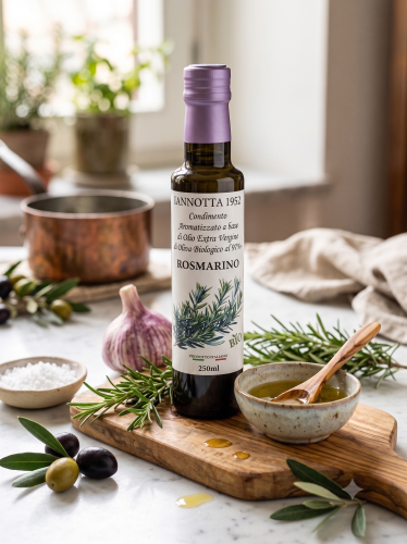 Naturalna infuzja oliwy Extra Vergine i rozmarynu. Czysty, rzemieślniczy skład wspierający układ trawienny i optymalizację zdrowia na poziomie komórkowym.
