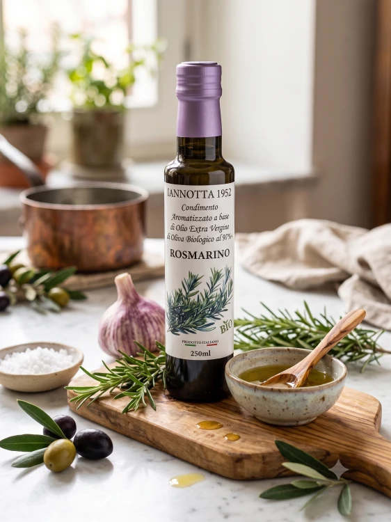 Naturalna infuzja oliwy Extra Vergine i rozmarynu. Czysty, rzemieślniczy skład wspierający układ trawienny i optymalizację zdrowia na poziomie komórkowym.