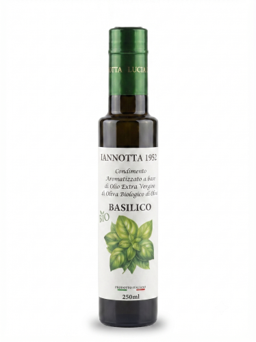 Oliwa extra vergine BIO z bazylią od Lucia Iannotta. Skład: 97% oliwa BIO, 3% naturalny ekstrakt bazylii