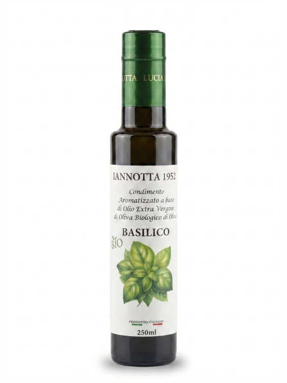 Oliwa extra vergine BIO z bazylią od Lucia Iannotta. Skład: 97% oliwa BIO, 3% naturalny ekstrakt bazylii