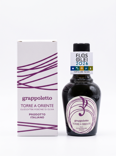 Ekologiczna oliwa jednoszczepowa BIO Grappoletto w ozdobnym kartoniku, producent Torre a Oriente