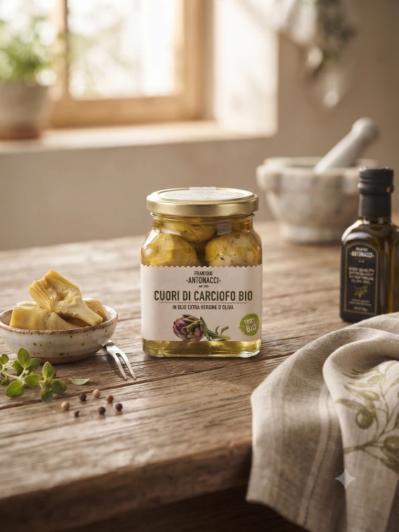 Włoskie ekologiczne karczochy antipasti na talerzu zalane organiczną oliwą Extra Virgin